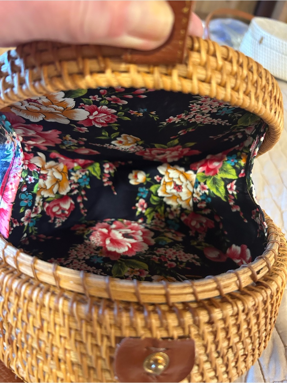 Woven Round Straw Crossbody Bag with Brown Leather Trim - Picture 4 of 4